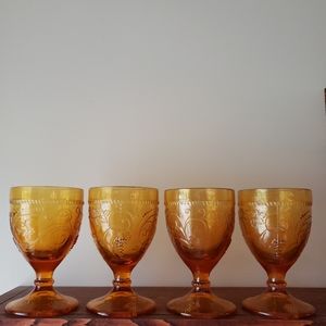 4 Vintage amber, gold glass patterned goblets